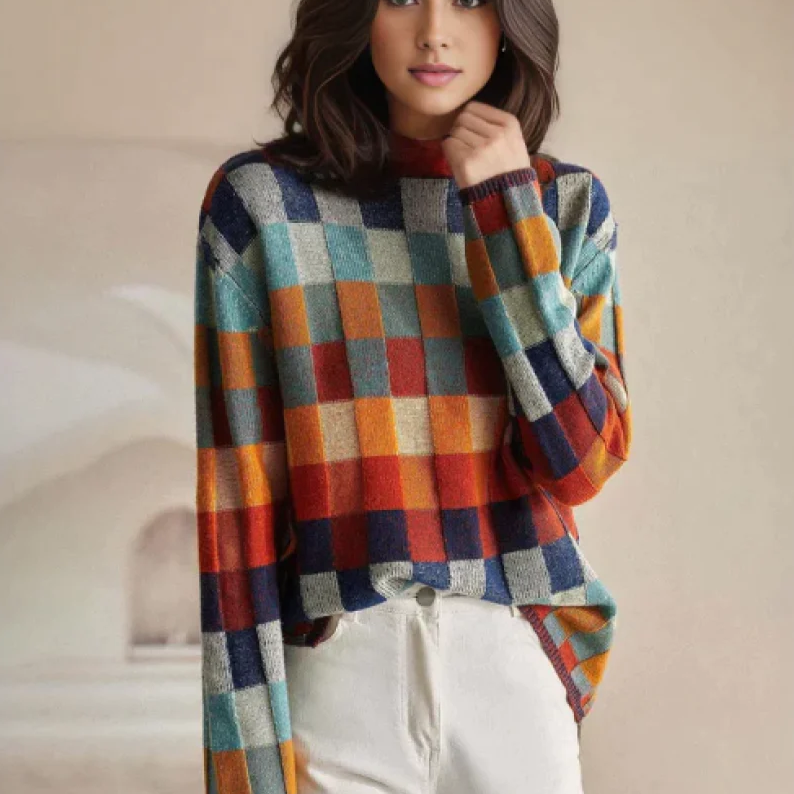 Adalynn™ | Bunter Rollkragenpullover mit Patchwork-Strickmuster